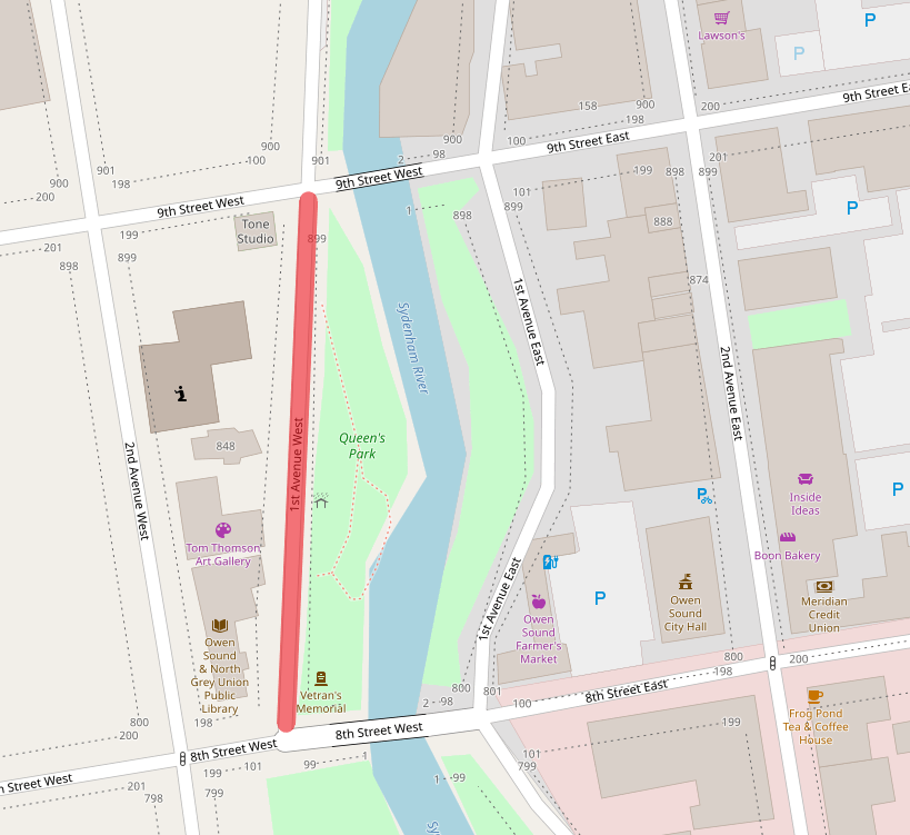 Map showing 1st Ave W road closure, between 8th and 9th Streets
