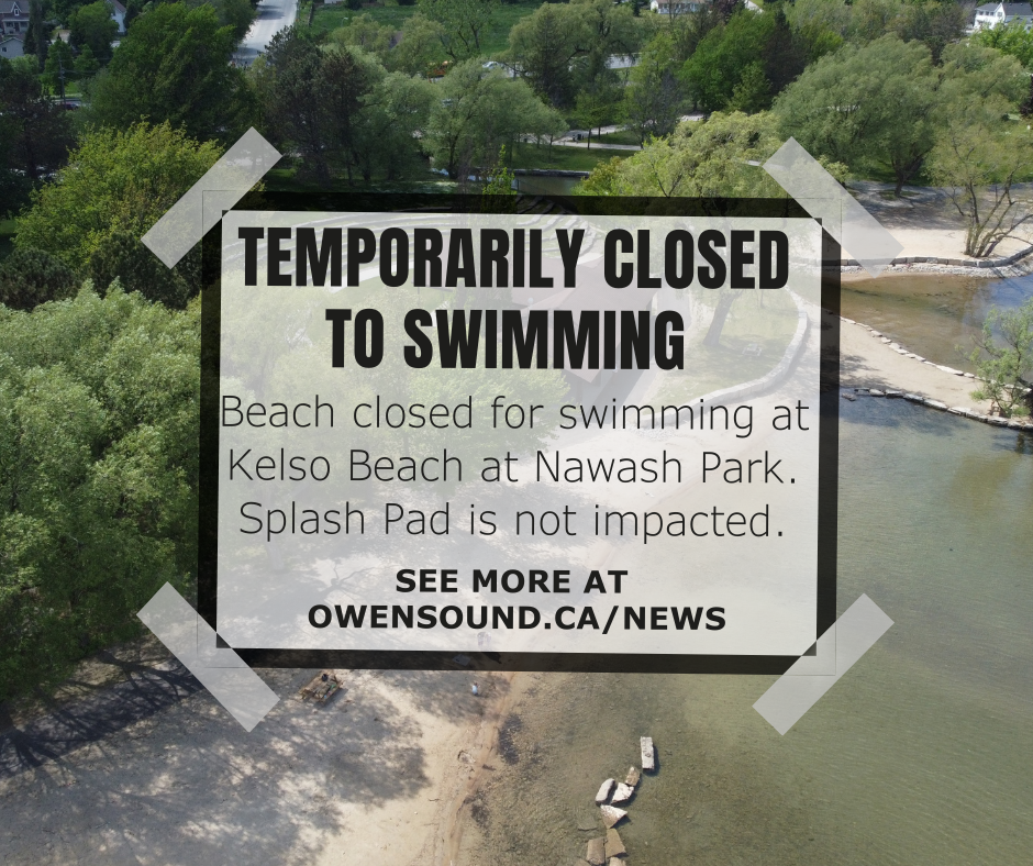Image of Kelso Beach at Nawash Park in Owen Sound posted unsafe for swimming (on behalf of Grey Bruce Public Health)
