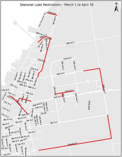 Map highlighting where seasonal road restrictions are in Owen Sound