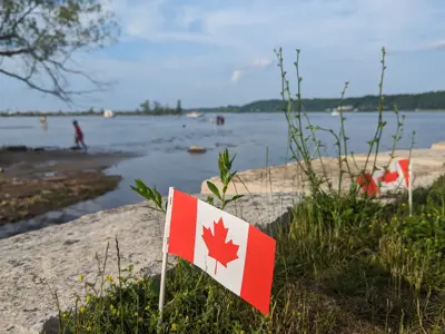 Canada flag in front of shoreline