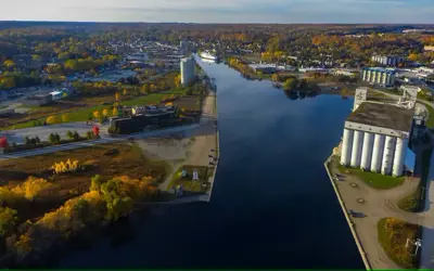 Aerial of inner harbour and grain elevators