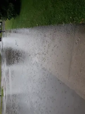 Rain on road and sidewalk