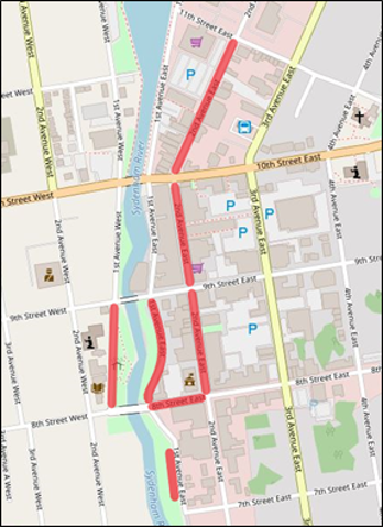 Pride Parade street closures in the River District on a map